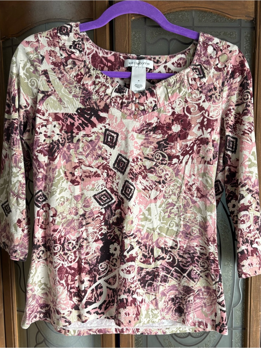 Liz Claiborne Pink and Olive Abstract Floral Long Sleeve Scoop Neck Top